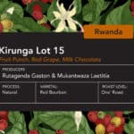 Kirunga is a very high grown red bourbon coffee from Rwanda,. This lot is natural processed and very ripe and fruity.