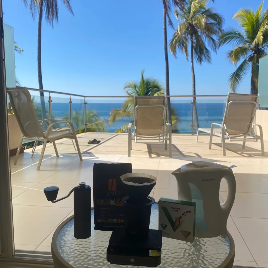 Coffee brewing with a scenic view